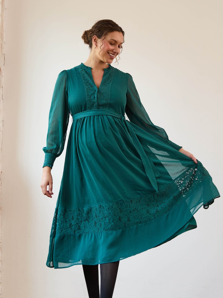 Womens Jojo Maman Bb Green Pleated Lace Hem Maternity Midi Dress US 8 Womens Jojo Maman Bb Green Pleated Lace Hem Maternity Midi Dress US 8