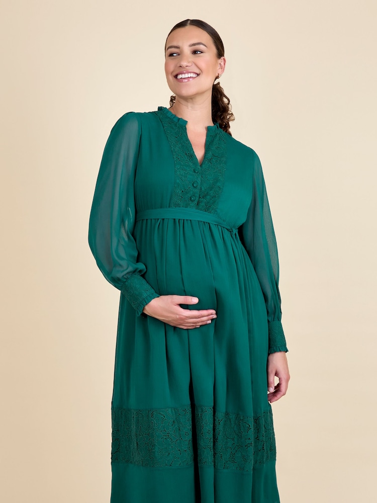 Womens JoJo Maman Bb Green Pleated Lace Hem Maternity Midi Dress US 8 Womens JoJo Maman Bb Green Pleated Lace Hem Maternity Midi Dress US 8