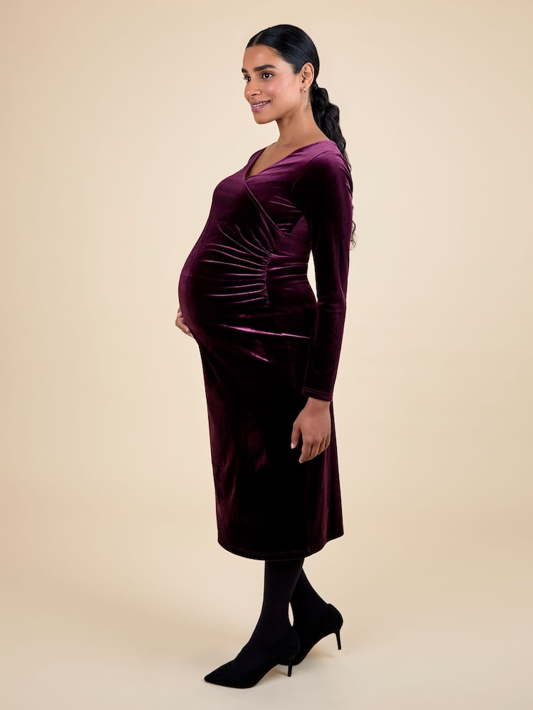 JoJo Maman Bébé Wine Velvet Maternity Wrap Bodycon Midi Dress - Image 2 of 5 JoJo Maman Bébé Wine Velvet Maternity Wrap Bodycon Midi Dress - Image 2 of 5