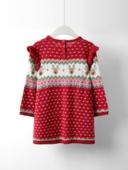 JoJo Maman Bébé Red Christmas Scene Fairisle Knitted Dress - Image 6 of 6