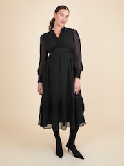 JoJo Maman Bébé Black Pleated Lace Hem Maternity Midi Dress - Image 1 of 6