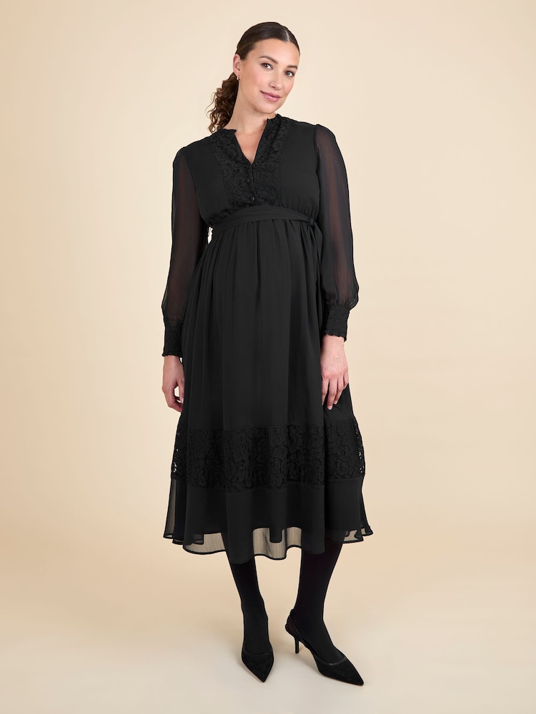 JoJo Maman Bébé Black Pleated Lace Hem Maternity Midi Dress - Image 1 of 6