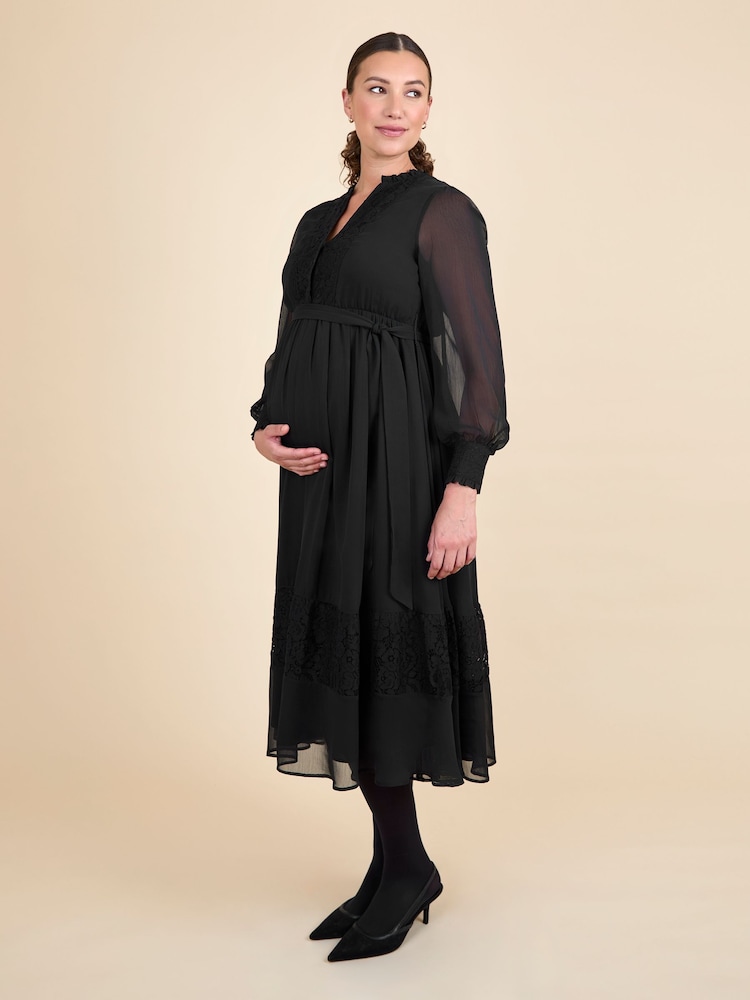 JoJo Maman Bébé Black Pleated Lace Hem Maternity Midi Dress - Image 2 of 6
