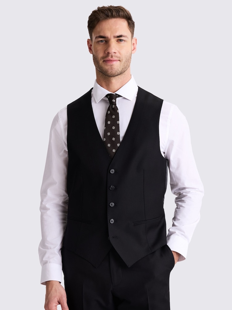 MOSS Black Tailored Fit Black Twill Waistcoat - Image 1 of 3
