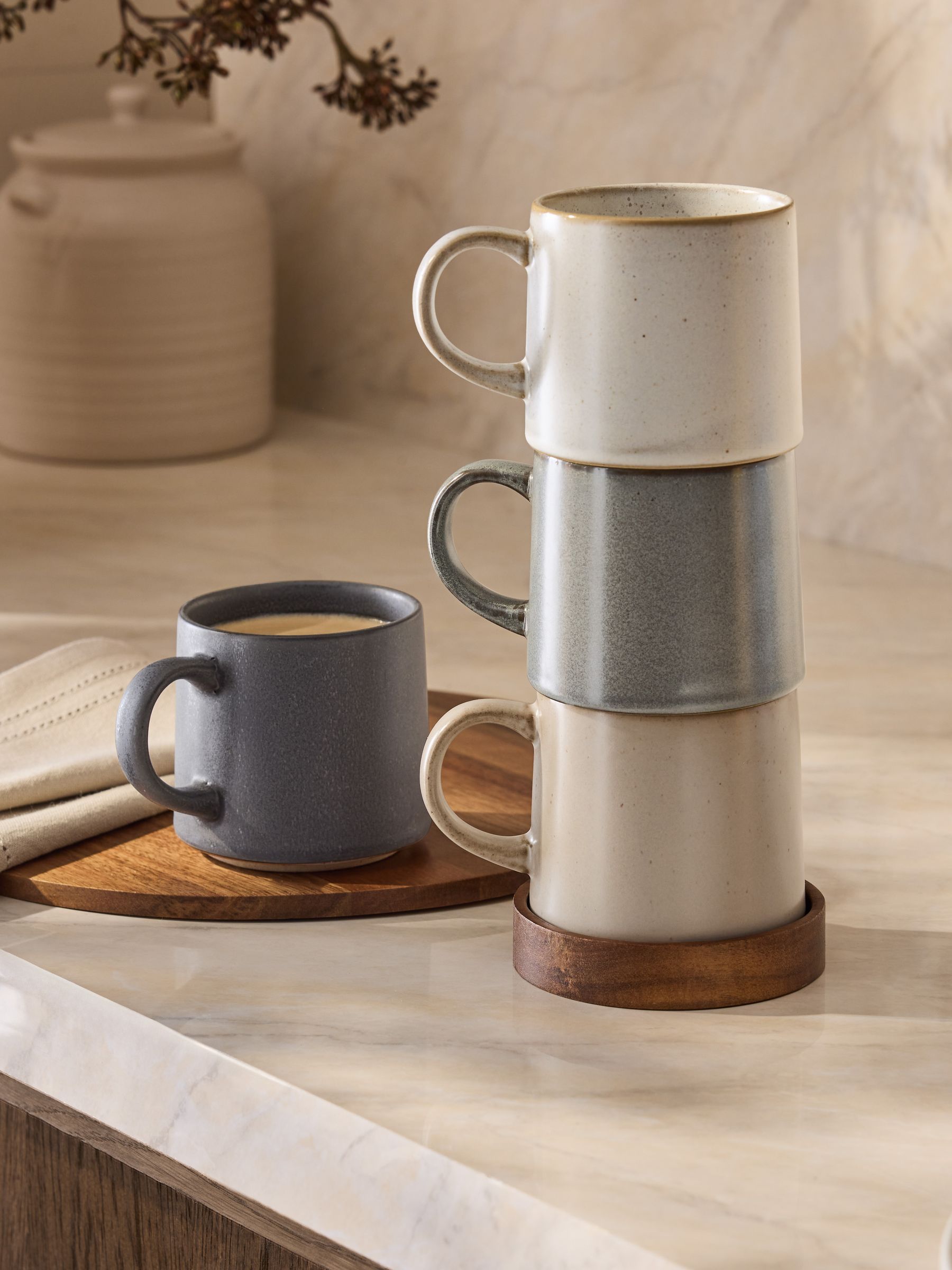 Scandi Stacking Mugs With Wooden Tray