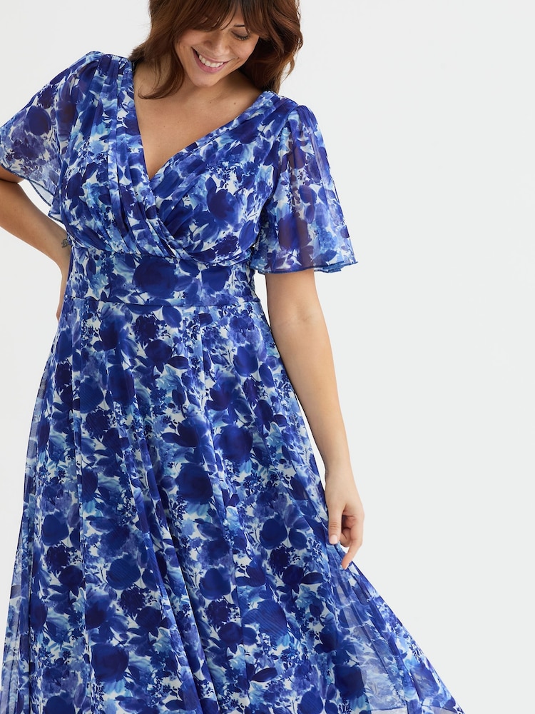 Scarlett & Jo Blue Victoria Angel Sleeve Mesh Midi long Dress - Image 2 of 4