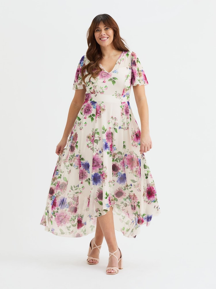 Scarlett & Jo Cream Tilly  Wine Rose Print Angel Sleeve Sweetheart Dress - Image 1 of 3
