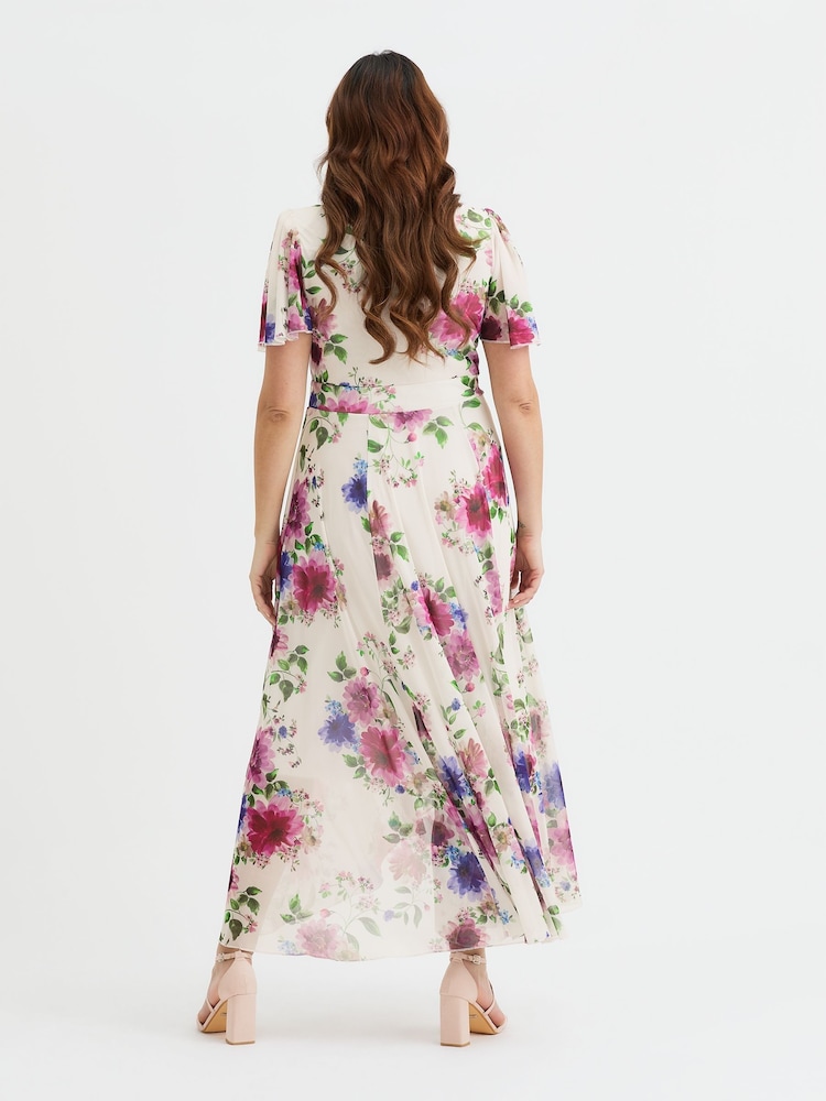 Scarlett & Jo Cream Tilly  Wine Rose Print Angel Sleeve Sweetheart Dress - Image 3 of 3