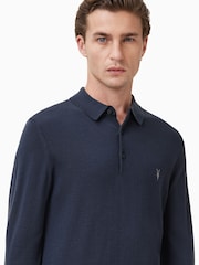AllSaints Blue Mode Merino Longsleeve Polo Shirt - Image 1 of 5