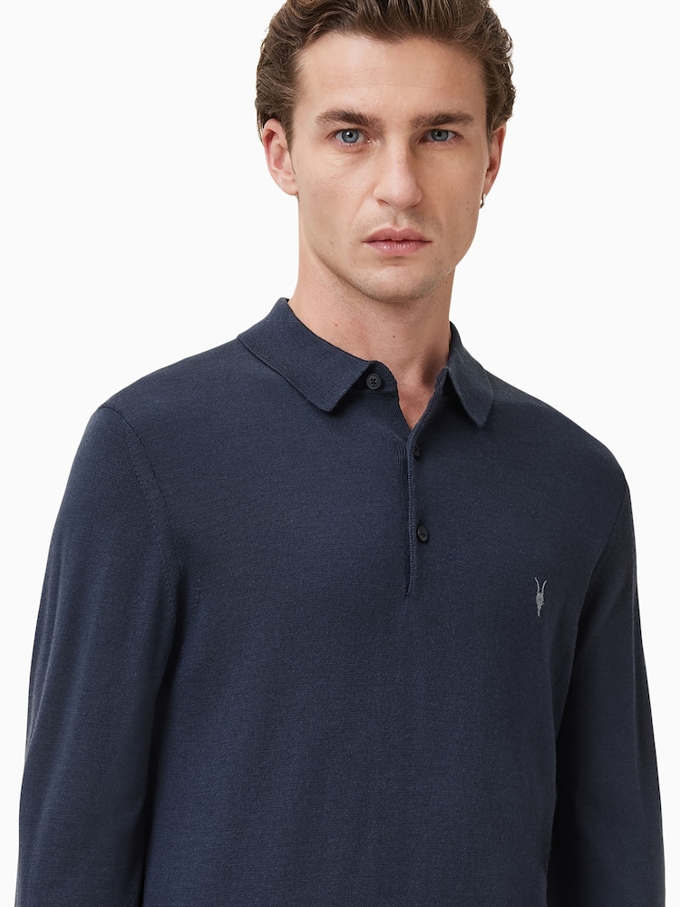 AllSaints Blue Mode Merino Longsleeve Polo Shirt - Image 1 of 5