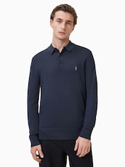 AllSaints Blue Mode Merino Longsleeve Polo Shirt - Image 4 of 5