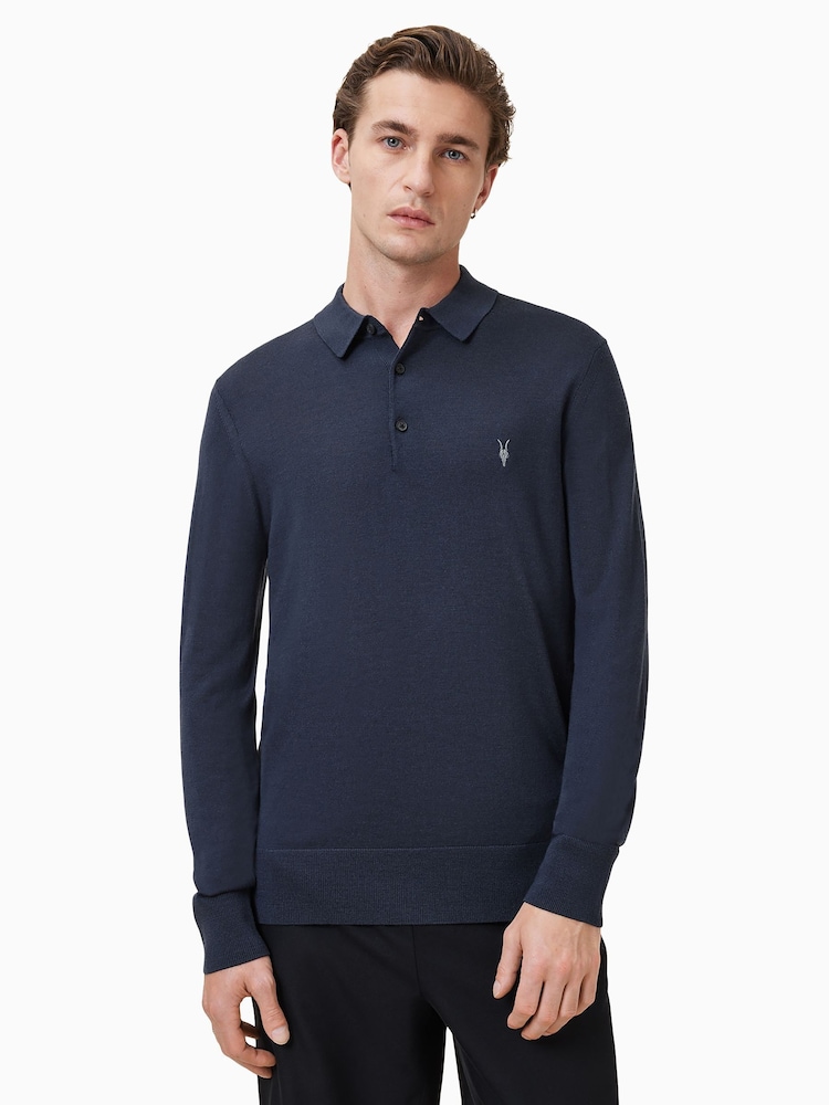 AllSaints Blue Mode Merino Longsleeve Polo Shirt - Image 4 of 5