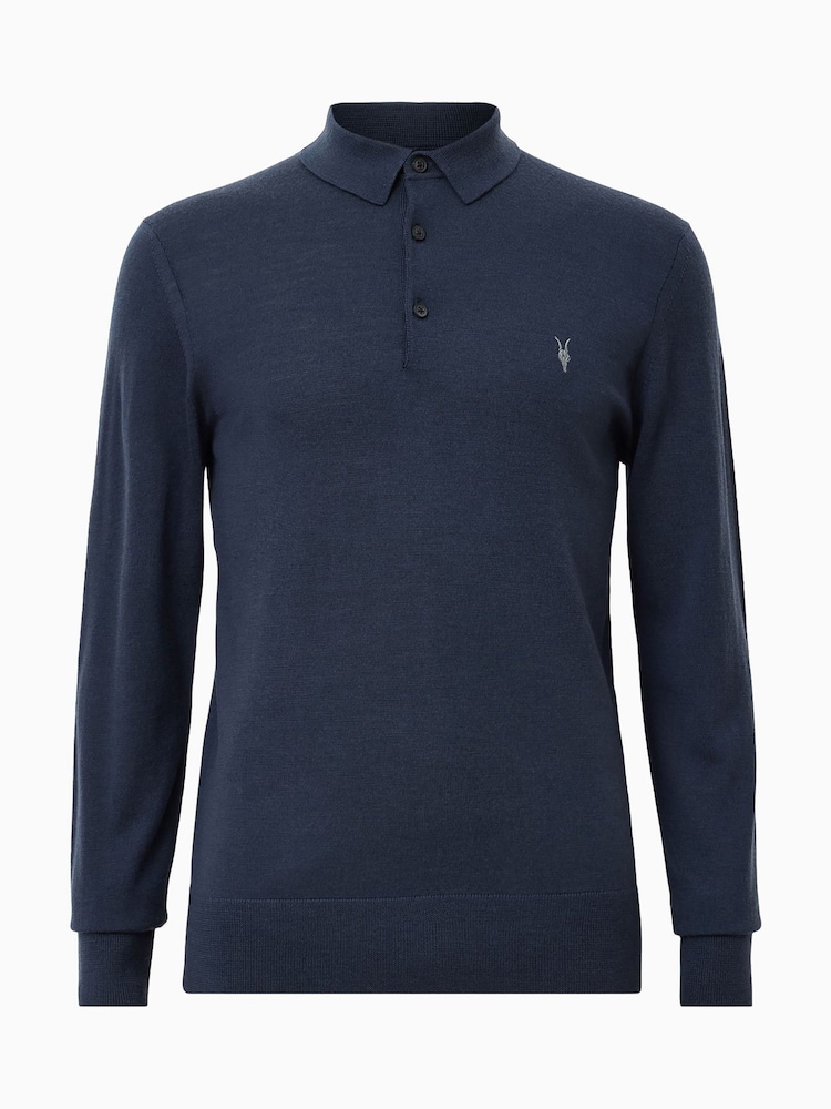 AllSaints Blue Mode Merino Longsleeve Polo Shirt - Image 5 of 5