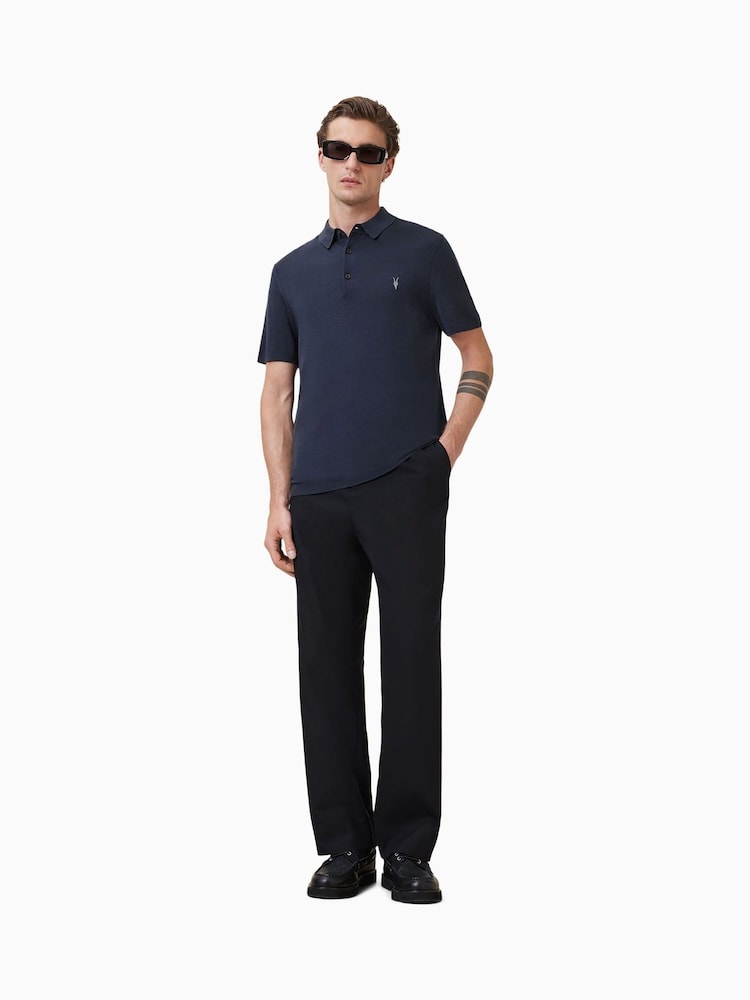 AllSaints Blue Mode Merino Wool Navy Blue Short Sleeve Polo Neck Jumper - Image 1 of 6 AllSaints Blue Mode Merino Wool Navy Blue Short Sleeve Polo Neck Jumper - Image 1 of 6