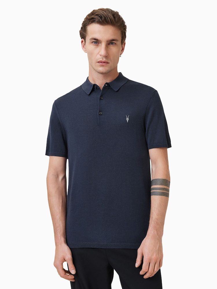 AllSaints Blue Mode Merino Wool Navy Blue Short Sleeve Polo Neck Jumper - Image 2 of 6 AllSaints Blue Mode Merino Wool Navy Blue Short Sleeve Polo Neck Jumper - Image 2 of 6