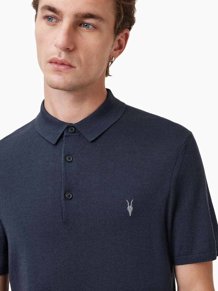 AllSaints Blue Mode Merino Shortsleeve Polo Shirt - Image 3 of 6