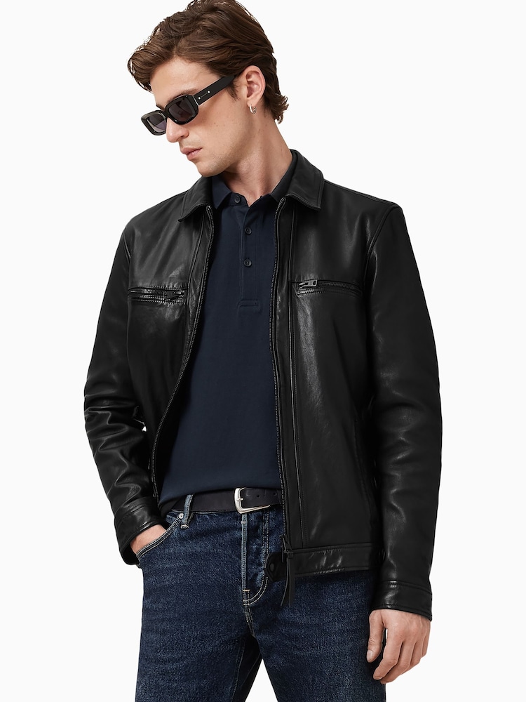 AllSaints Navy Blue Reform Shortsleeve Polo Shirt - Image 1 of 8 AllSaints Navy Blue Reform Shortsleeve Polo Shirt - Image 1 of 8