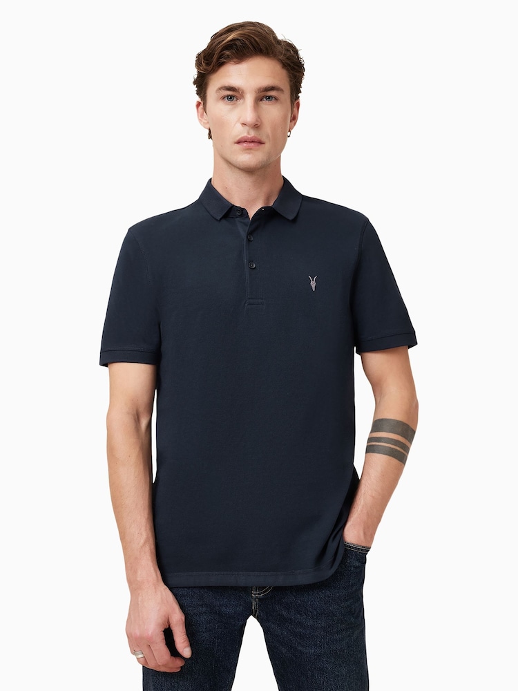 AllSaints Navy Blue Reform Shortsleeve Polo Shirt - Image 2 of 8 AllSaints Navy Blue Reform Shortsleeve Polo Shirt - Image 2 of 8