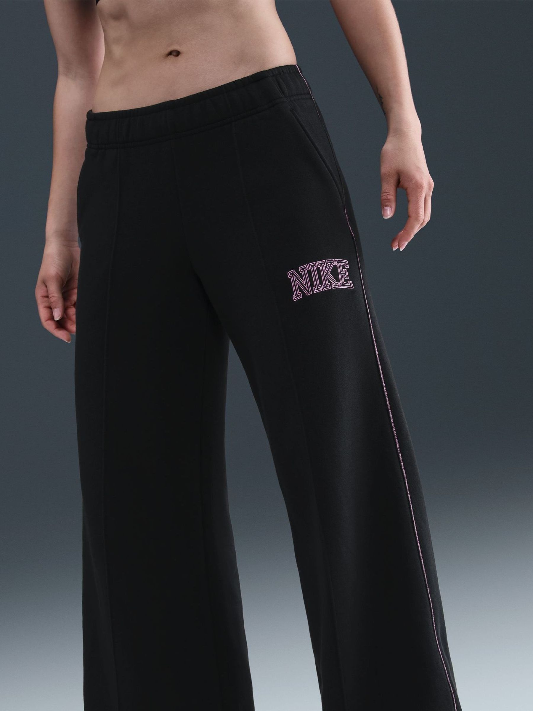 Buy Nike Black Phoenix Fleece Wide Leg Graphic Print Logo Joggers