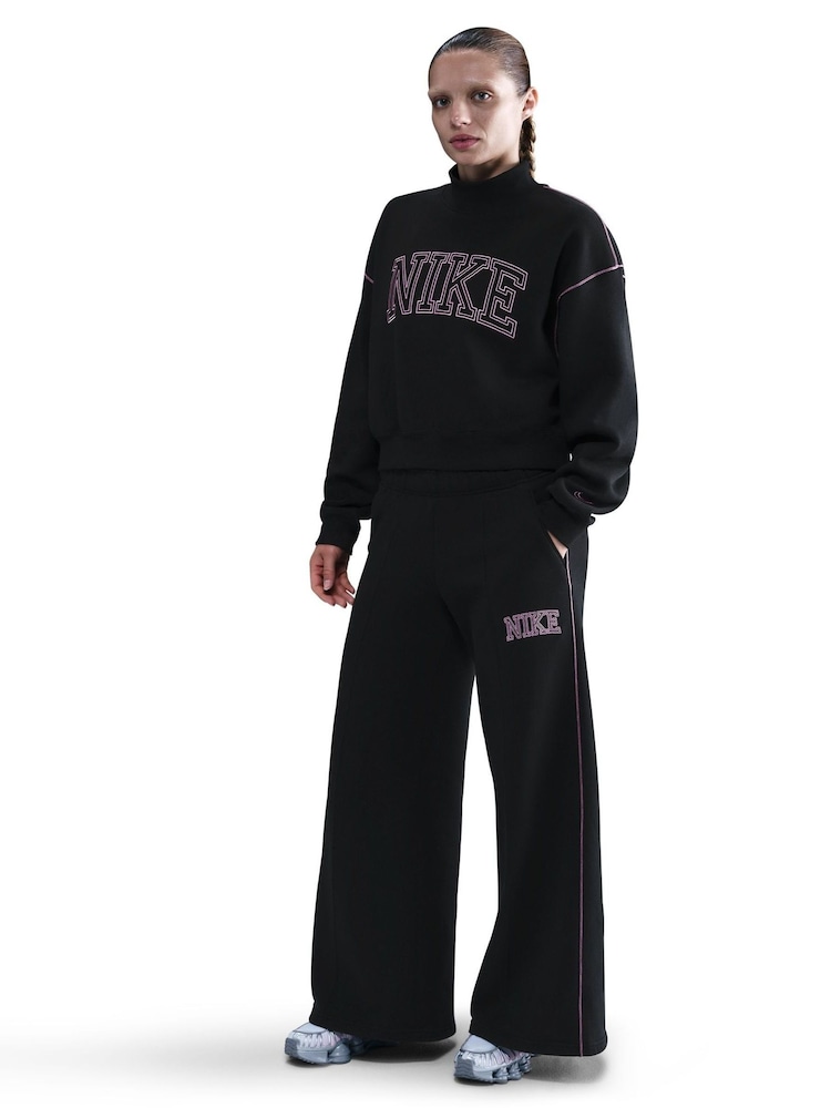 Negro - Nike Phoenix Fleece Wide Leg Graphic Print Logo Joggers - Imagen 1 de 10