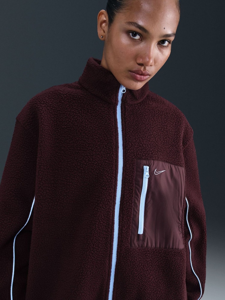 Nike Burgundy Full Zip Logo Detail Sherpa Fleece Jacket - Image 1 of 5