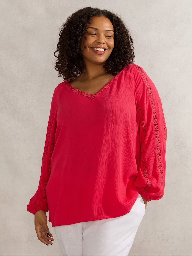 Live Unlimited Pink Curve Crinkle Crochet Insert Blouse - Image 1 of 4