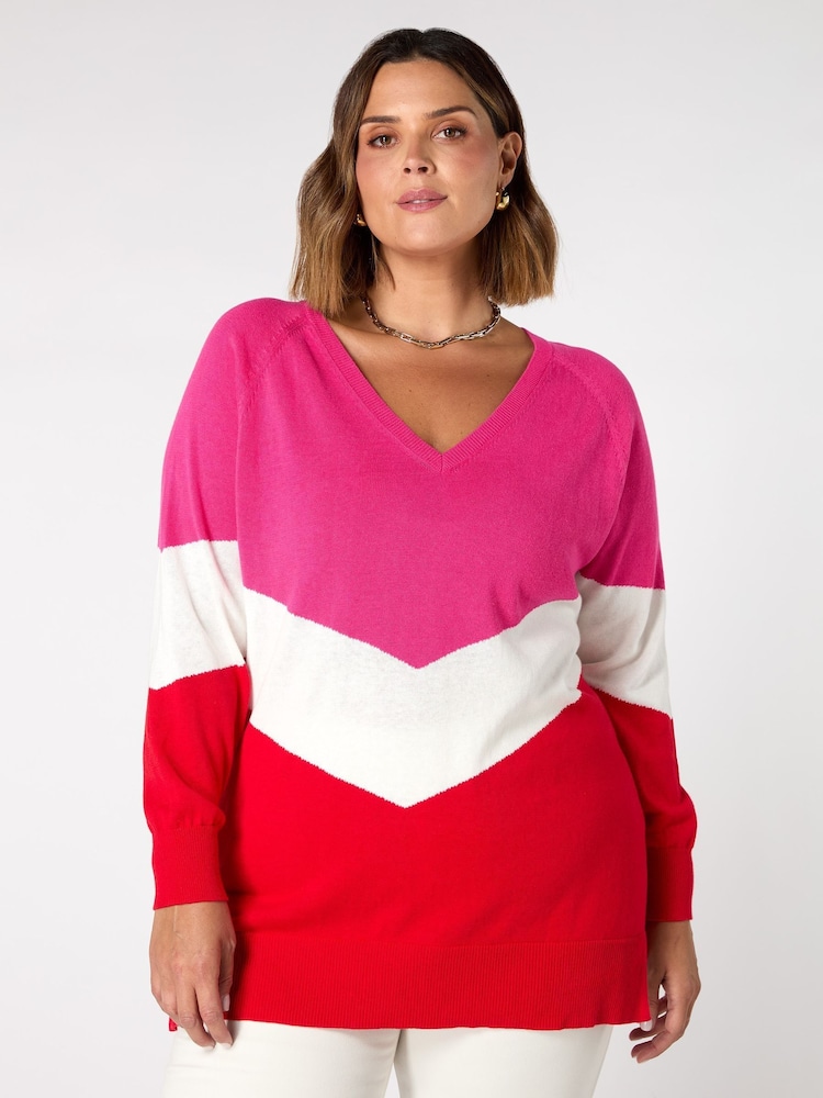 Live Unlimited Pink Curve Knitted V-Neck Relaxed Jumper - Image 1 of 3