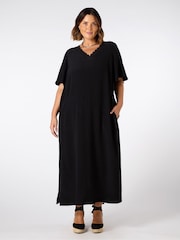 Live Unlimited Black Curve V-Neck Scallop Rib Dress - Image 1 of 4