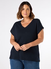 Live Unlimited Blue Curve Linen Blend V-Neck Knitted Top - Image 1 of 3