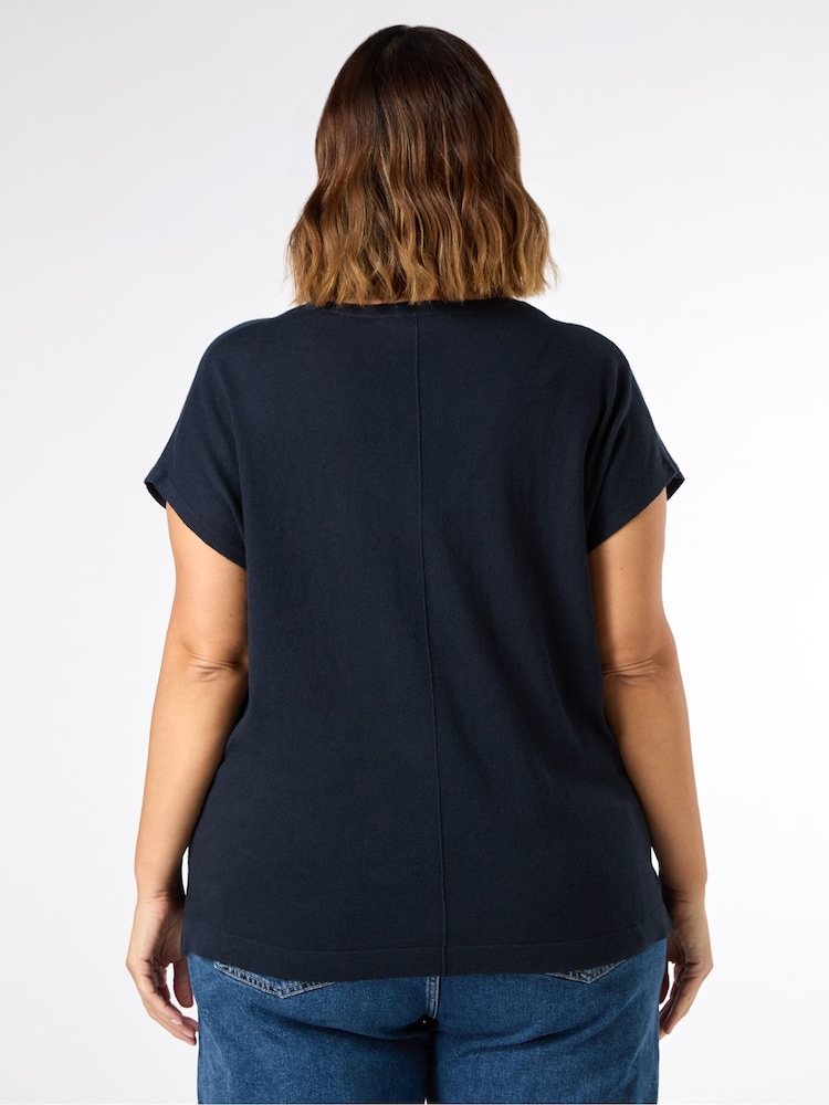 Live Unlimited Blue Curve Linen Blend V-Neck Knitted Top - Image 2 of 3