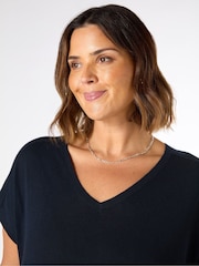 Live Unlimited Blue Curve Linen Blend V-Neck Knitted Top - Image 3 of 3
