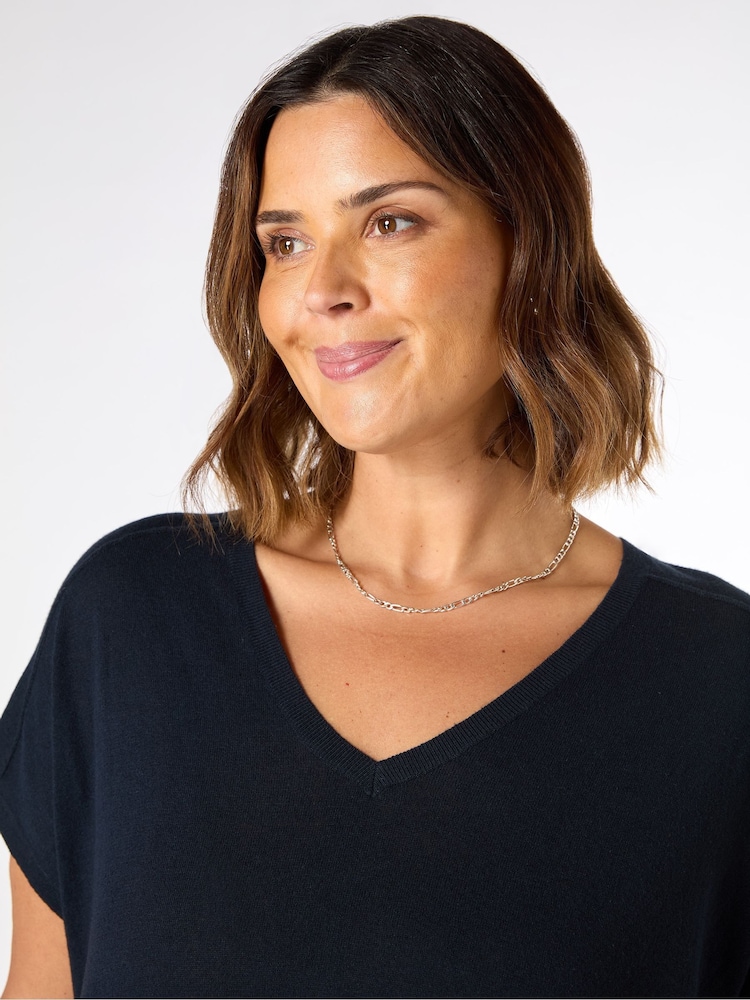 Live Unlimited Blue Curve Linen Blend V-Neck Knitted Top - Image 3 of 3