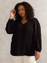 Live Unlimited Black Curve Crinkle Crochet Insert Blouse - Image 1 of 3