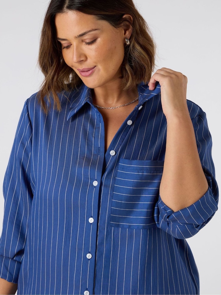 Live Unlimited Blue Stripe Print Maxi Shirt Dress - Image 2 of 5