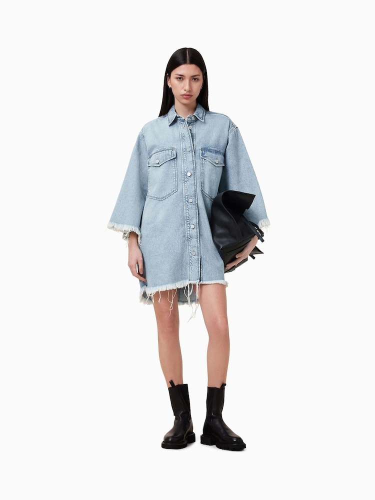 AllSaints Blue Faye Short Sleeve Denim Dress - Image 1 of 5 AllSaints Blue Faye Short Sleeve Denim Dress - Image 1 of 5