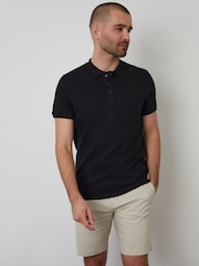 Threadbare Black Ottoman Rib Textured 100% Cotton Polo Shirt - Image 1 of 4