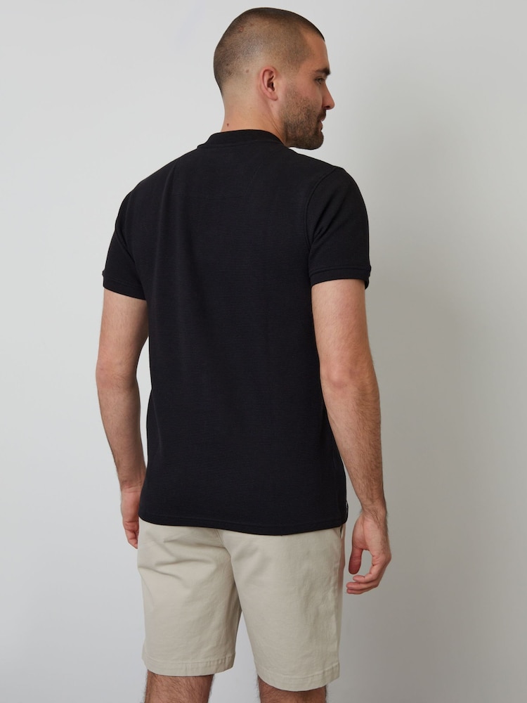 Threadbare Black Ottoman Rib Textured 100% Cotton Polo Shirt - Image 2 of 4