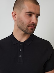 Threadbare Black Ottoman Rib Textured 100% Cotton Polo Shirt - Image 4 of 4