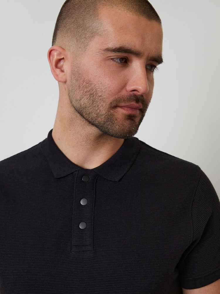Threadbare Black Ottoman Rib Textured 100% Cotton Polo Shirt - Image 4 of 4 Threadbare Black Ottoman Rib Textured 100% Cotton Polo Shirt - Image 4 of 4