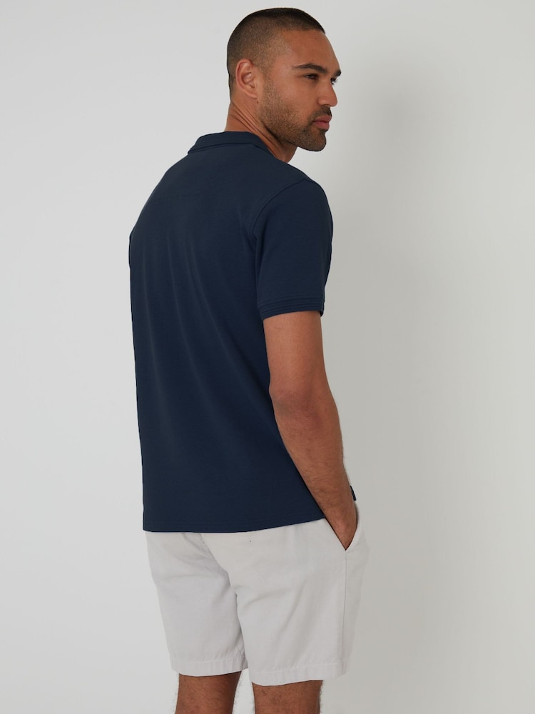 Threadbare Blue Textured Trophy Neck 100% Cotton Polo Shirt - Image 2 of 4