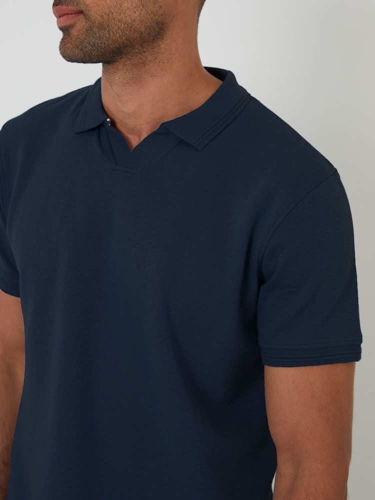Threadbare Blue Textured Trophy Neck 100% Cotton Polo Shirt - Image 4 of 4