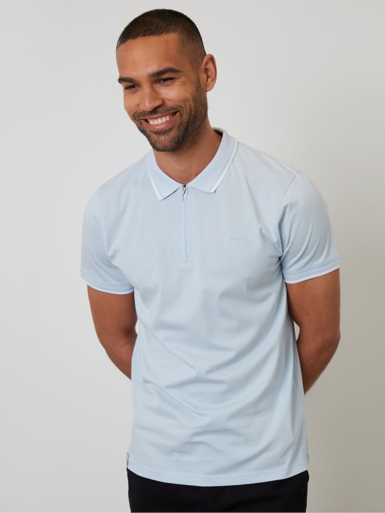 Threadbare Light Blue Birdseye Collar Quarter Zip 100% Cotton Polo Shirt - Image 1 of 4