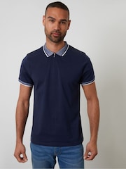Threadbare Blue Birdseye Collar Quarter Zip 100% Cotton Polo Shirt - Image 1 of 4