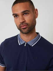 Threadbare Blue Birdseye Collar Quarter Zip 100% Cotton Polo Shirt - Image 4 of 4