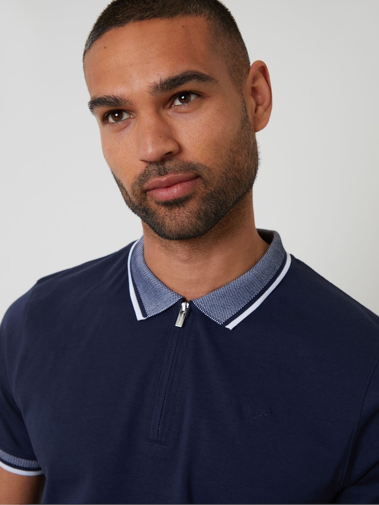 Threadbare Blue Birdseye Collar Quarter Zip 100% Cotton Polo Shirt - Image 4 of 4