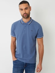 Threadbare Denim Blue Herringbone Tipping Cotton Pique Polo Shirt - Image 1 of 4