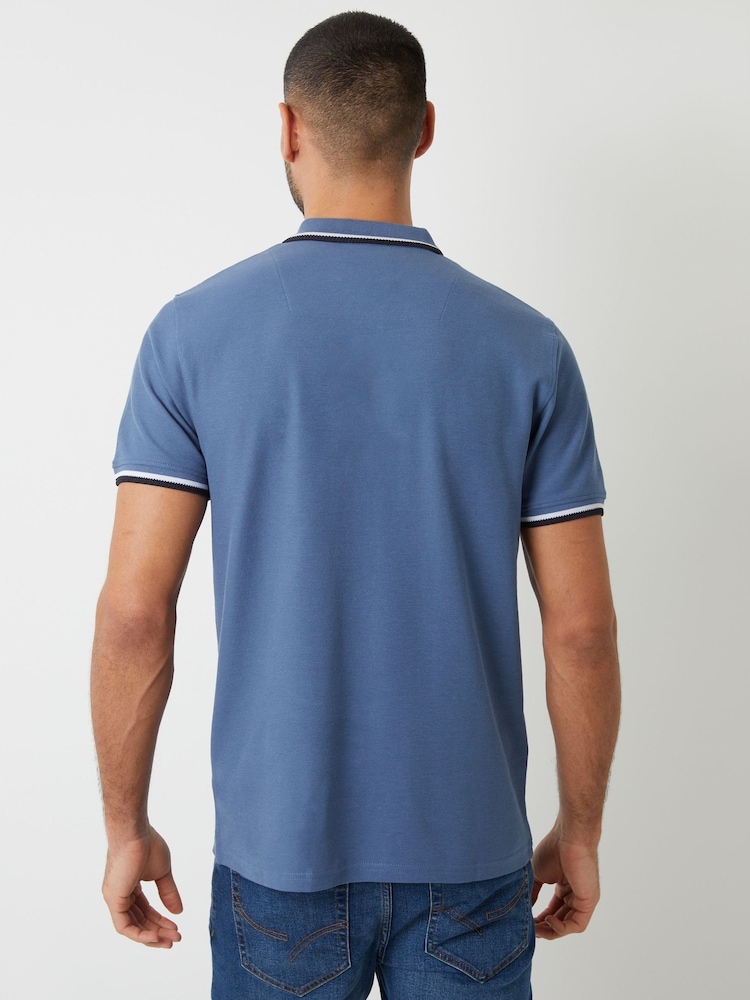 Threadbare Denim Blue Herringbone Tipping Cotton Pique Polo Shirt - Image 2 of 4