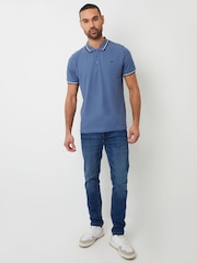 Threadbare Denim Blue Herringbone Tipping Cotton Pique Polo Shirt - Image 3 of 4