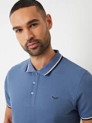 Threadbare Denim Blue Herringbone Tipping Cotton Pique Polo Shirt - Image 4 of 4