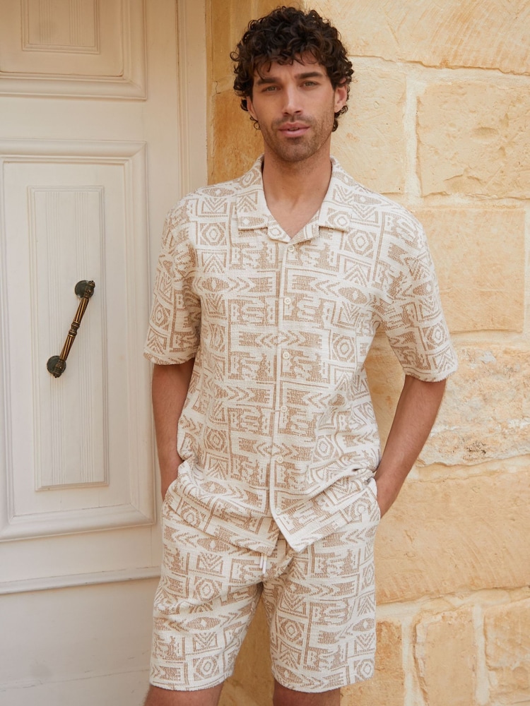 Threadbare Cream Patterned Textured Pull On Shorts - Image 1 of 5